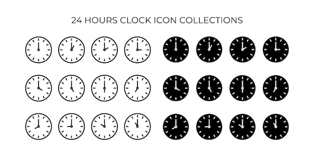시계 아이콘은 24시간 동안 컬렉션을 설정합니다. 하루에 12시간 동안 솔리드 시간 아이콘 개요