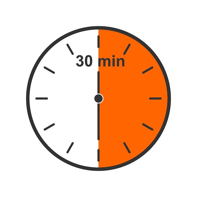 Vector clock icon with 30 minute time interval half of hour countdown timer or stopwatch symbol