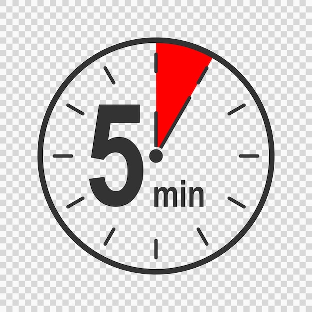 Vector clock icon with 5 minute time interval countdown timer or stopwatch symbol