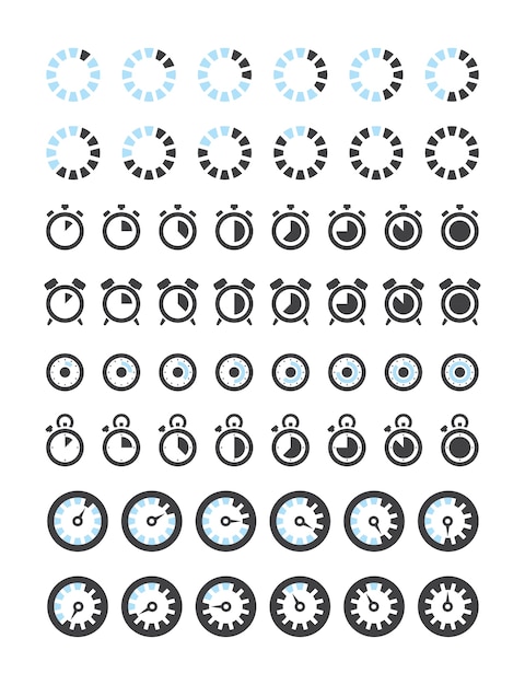 시계 아이콘. 타이머 기호 시간 분 중지 시계 알람 벡터 컬렉션. 일러스트 타이머 알람 및 시계, 분 및 시간