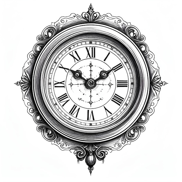 Clock ink sketch drawing black and white engraving style vector illustration