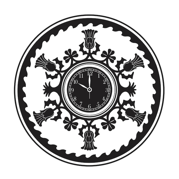 Clock logo with floral frame silhouette