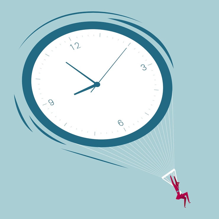 Vector clock parachute, businessman parachuting. isolated on blue background.