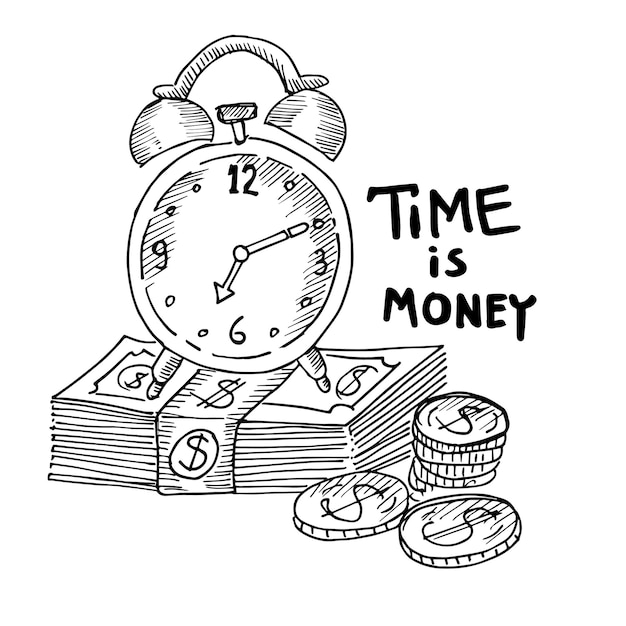 Clock and pile of dollars (time is money)