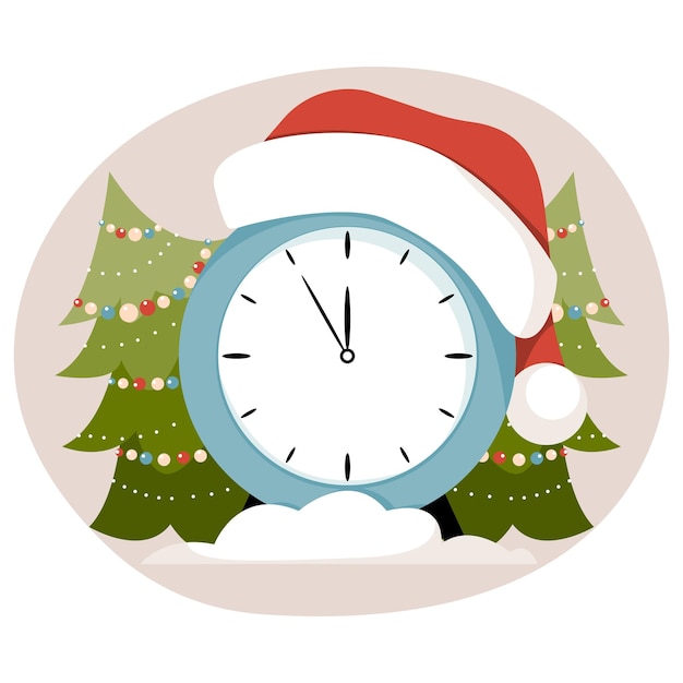 Vector clock santa hat and christmas trees happy new year