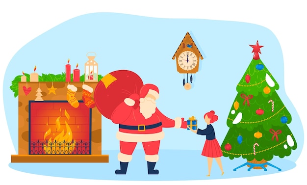 Clock shows midnight santa claus giving gifts christmas celebration happy winter day cartoon style