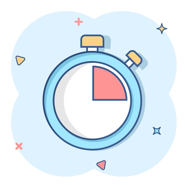 Vector clock sign icon in comic style time management vector cartoon illustration on white isolated background timer business concept splash effect