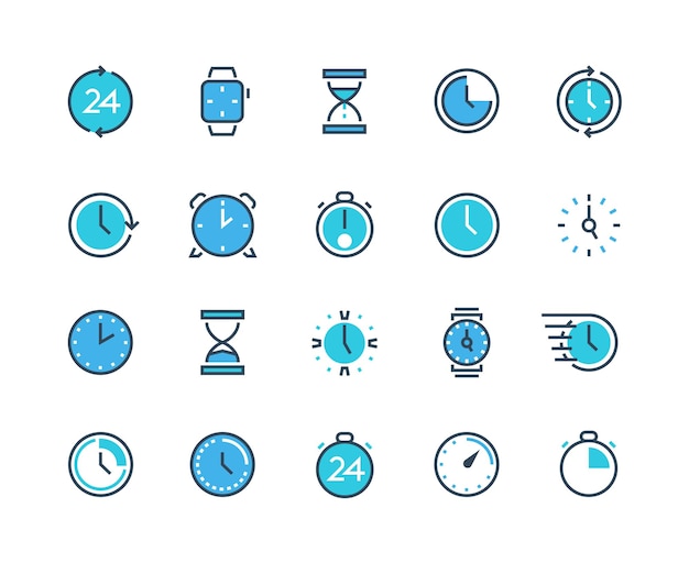 Icone dell'orologio e dell'ora. icone infografiche di orologio, calendario, sveglia e cronografo per la gestione del tempo e l'organizzazione del lavoro. orologi della linea vettoriale con sabbia, cronometro