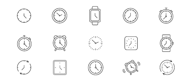 Clock and Time linear icons set Timer watch speed alarm clock Vector illustration