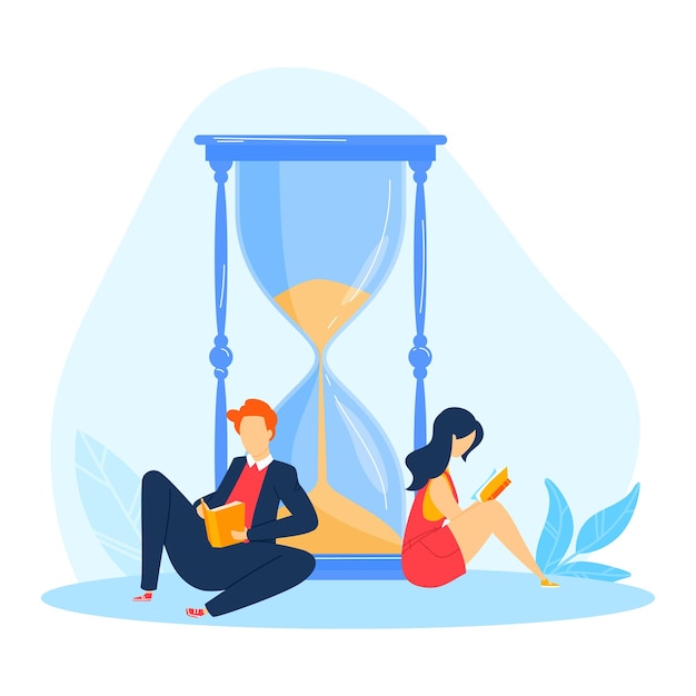 Vector clock watch time information people timelife wrist watch digital sign tiny people wait time vector illustration