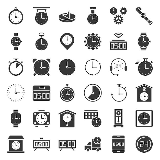 Clock watches and time related icon set such as working hours stopwatch appointment time solid style