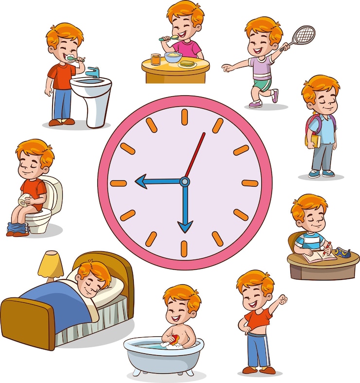 Vector a clock with a boy in different situations