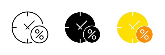 Clock with percent sign Discount time sale shopping sticker sell buy order customer purchase Vector set icon in line black and colorful styles isolated on white background