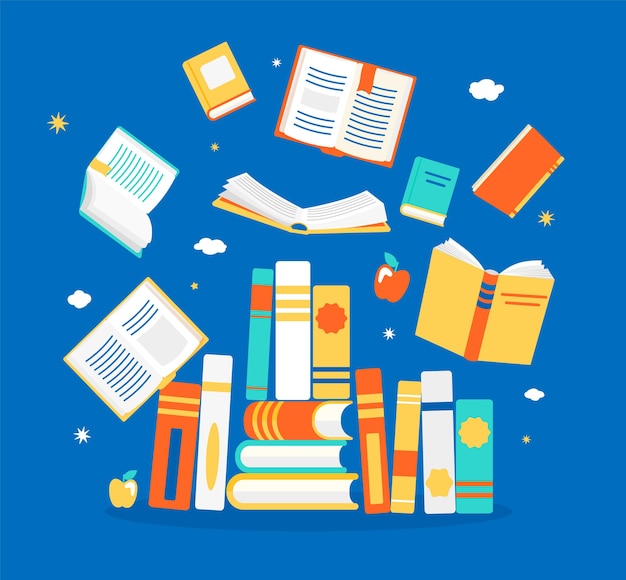 Close and open books in different positions. knowledge, learning, education, relax and enjoy concept design. vector illustration in flat style.