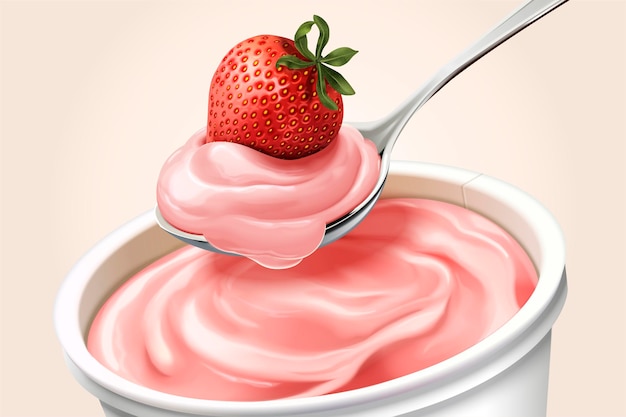 Close-up blik op aardbeienyoghurt, een lepel romige yoghurt en fruit