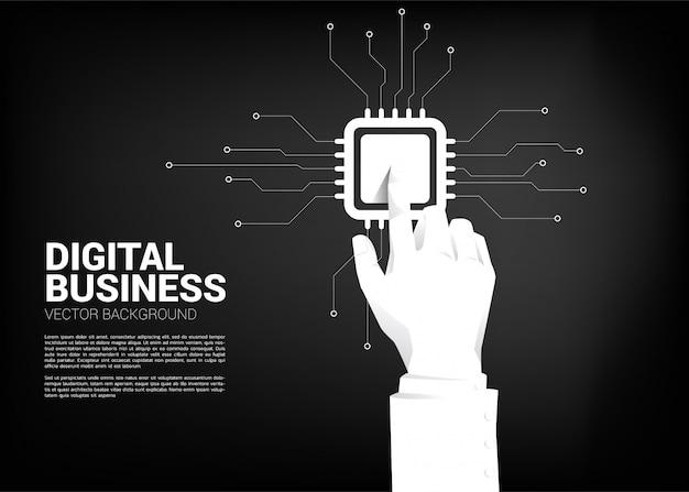 Close up businessman hand touch cpu processor.