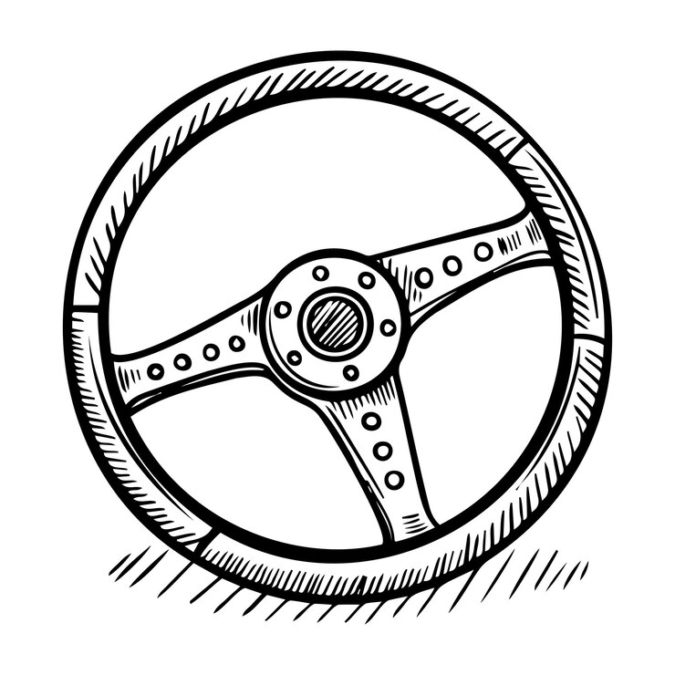 A close up of a car steering wheel with a black and white drawing