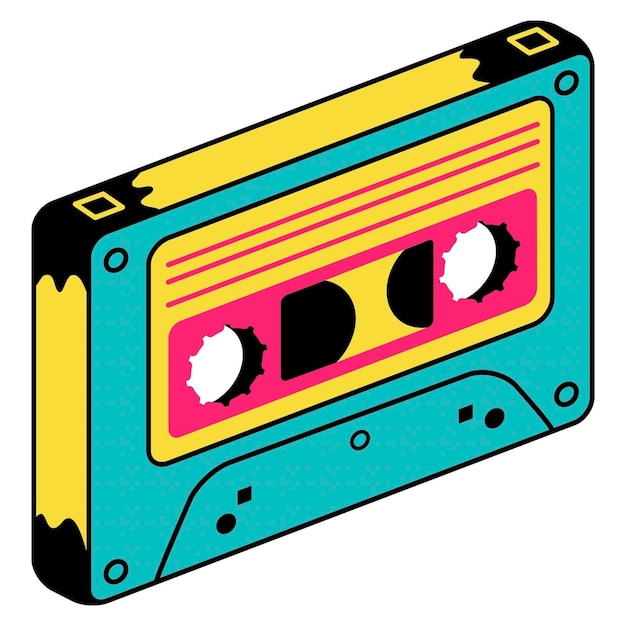 a close up of a cassette with a pink and yellow label