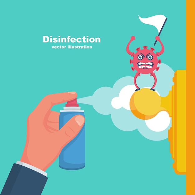 Close-up disinfection of door handles. spraying disinfectant alcohol to handle of door. cartoon coronavirus surrenders. covid-19 give up. vector flat design. prevention concept. controlling epidemic.