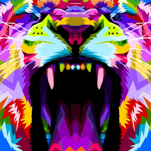 Close up of face angry colorful lion