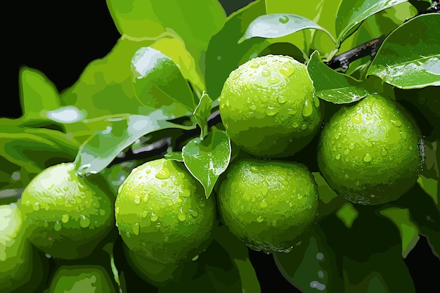 Vector close up fresh green lemon with water drop on tree and green blur background