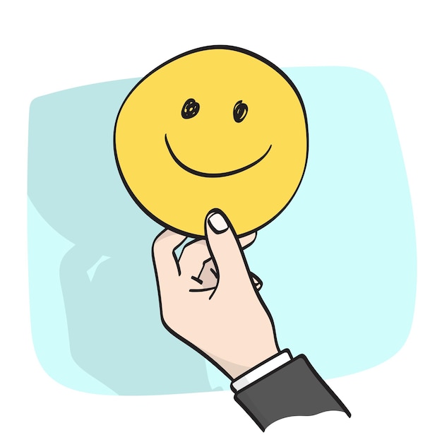 close-up hand van zakenman met een gele glimlach emoticon illustratie vector met de hand getekend geïsoleerd