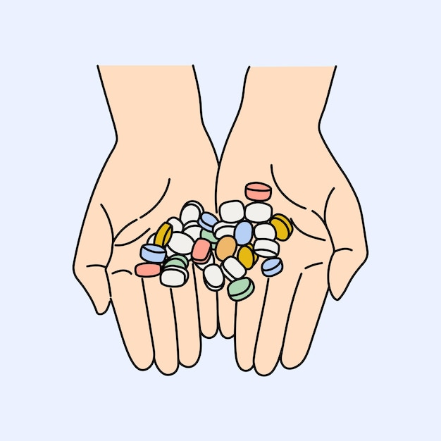 Vector close up hands holding drugs and pills