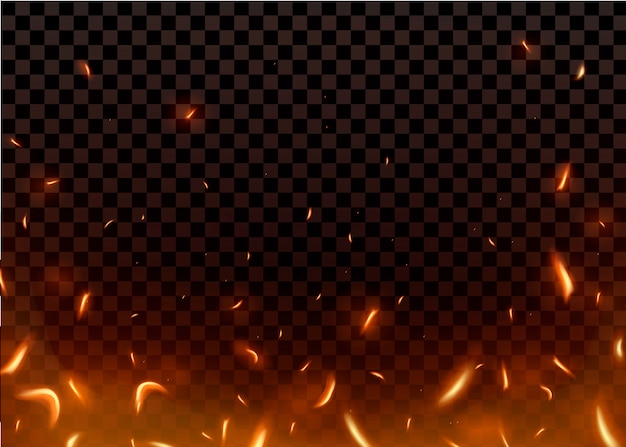 Close-up hot fiery sparkles and flame particles isolated on a black transparent background.