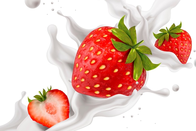 Close-up kijken naar opspattende aardbeienyoghurt met vers fruit