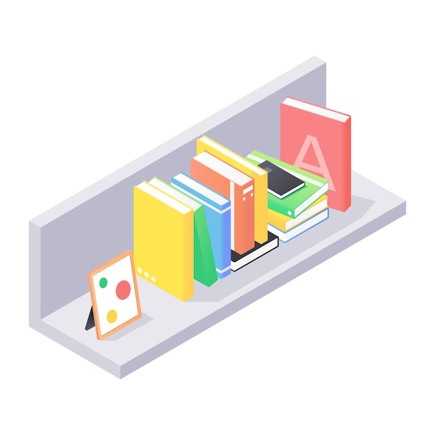 Close up on modern shelves with books isometric illustration