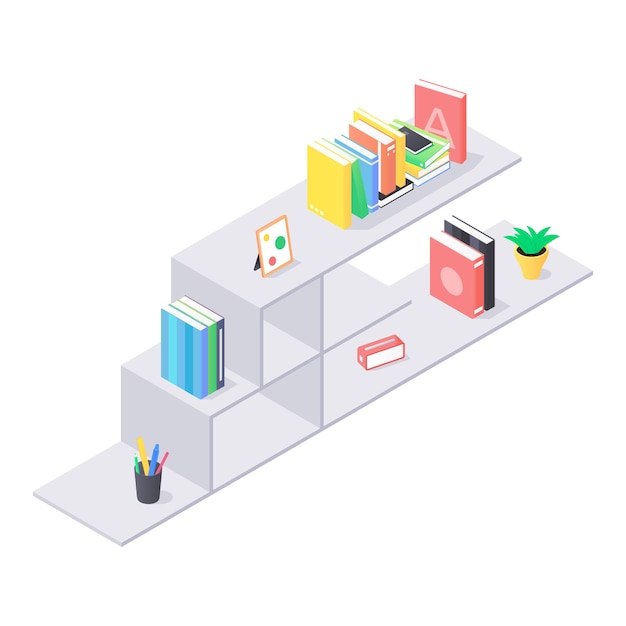 Close up on modern shelves with books isometric illustration