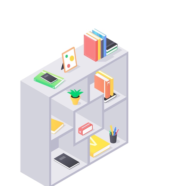 Close up on modern shelves with books isometric illustration