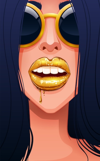 Крупный план лица женщины в очках, с губ капает золотой блеск для губ.
