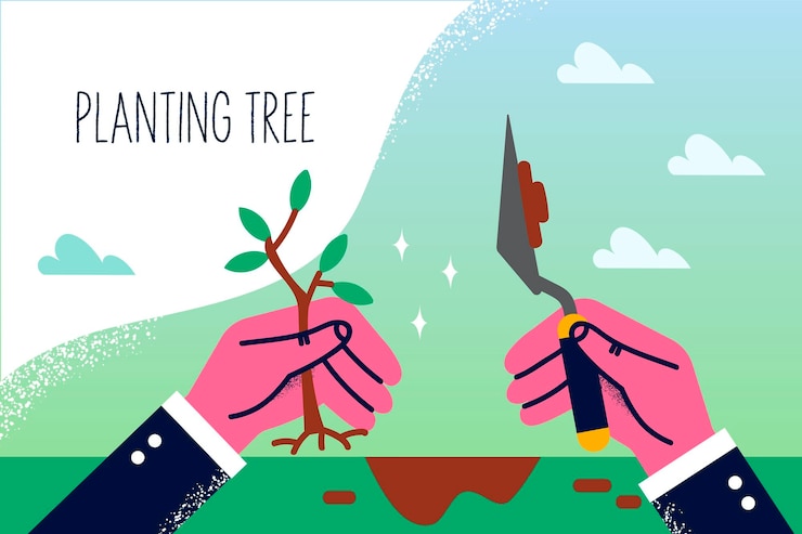 Vector close up of person hold seedling and shovel engaged in gardening activity man plant tree in ground take care of environment and nature agriculture and horticulture vector illustration