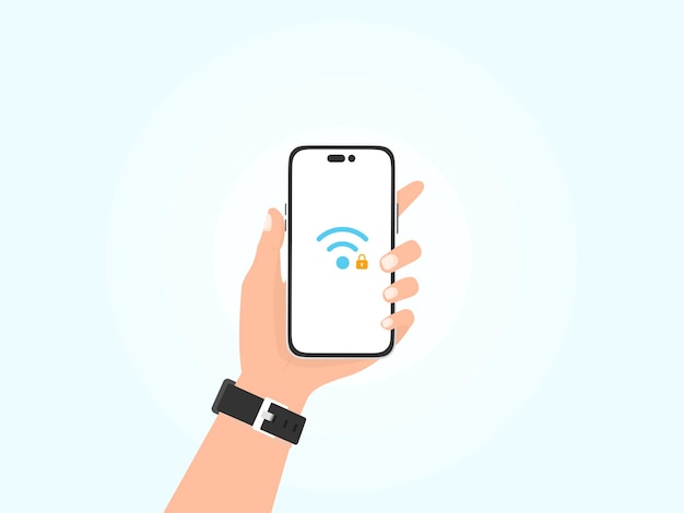 Close-up phone in hand with wifi symbol illustration