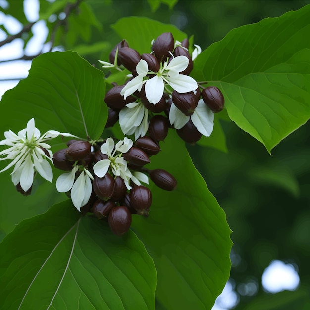 A close up of a plant with white flowers and green leaves