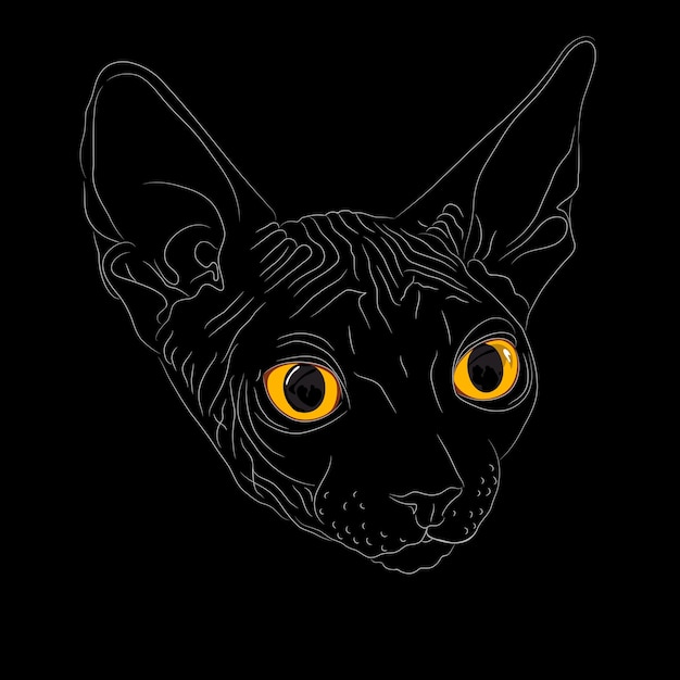 Vector close-up portrait, sketch a cat breed sphynx on a black background with bright yellow eyes. the sphynx is a rare breed of cat known for its lack of a coat.