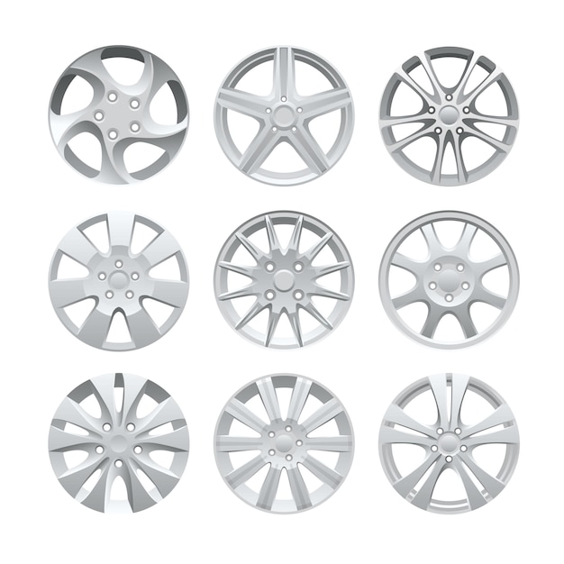 Vector close up of rims car alloy wheel. aluminum wheel vector set. figured alloy rim for car, tracks.