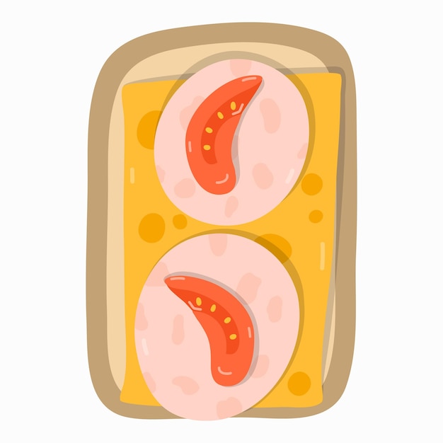 Close-up sandwich met plakjes ham, kaas en tomaat Amerikaans traditioneel ontbijt met populaire producten Vector handgetekende clipart geïsoleerd op achtergrond Leuke illustratie Concept van maaltijd eten