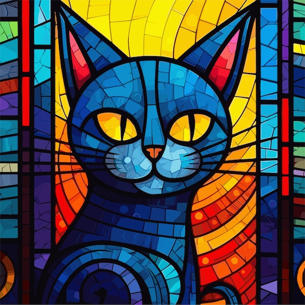 close up of a stained glass window with a cat in the middle Illustration animal