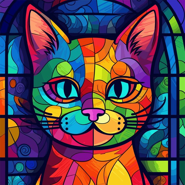 Close up of a stained glass window with a cat in the middle illustration animal