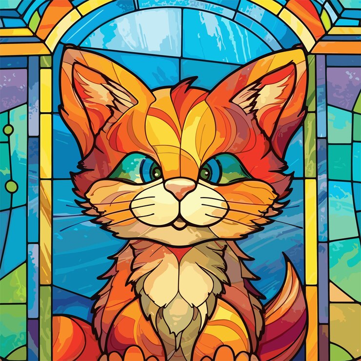 Vector close up of a stained glass window with a cat in the middle illustration animal
