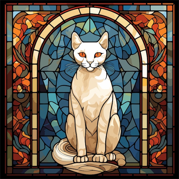 真ん中に猫がいるステンドグラスの窓のクローズアップ イラスト