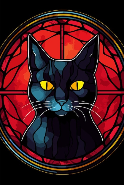close up of a stained glass window with a cat in the middle Illustration animal