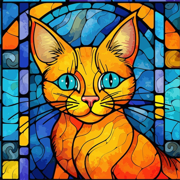 close-up van een glas-in-loodraam met een kat in het midden Illustratie dier