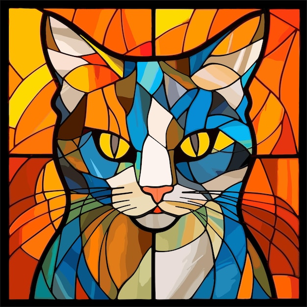 close-up van een glas-in-loodraam met een kat in het midden Illustratie dier