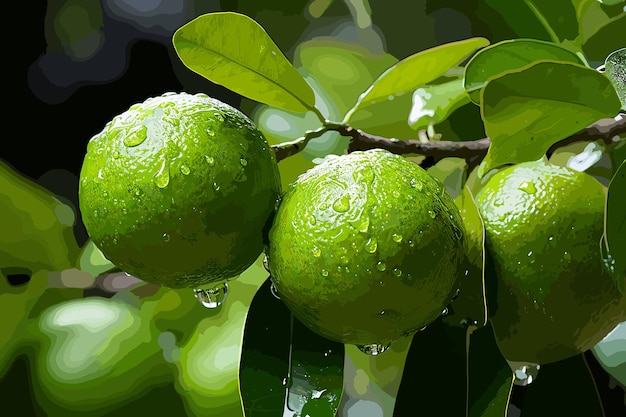 Vector close up verse groene citroen met waterdruppel op boom en groene vage achtergrond