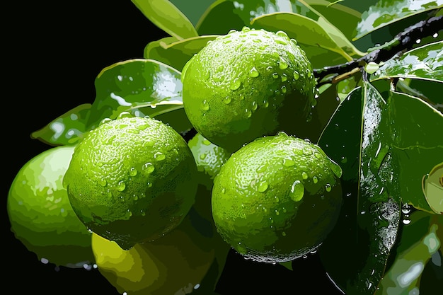 Close up verse groene citroen met waterdruppel op boom en groene vage achtergrond