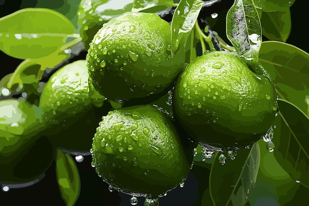 Close up verse groene citroen met waterdruppel op boom en groene vage achtergrond