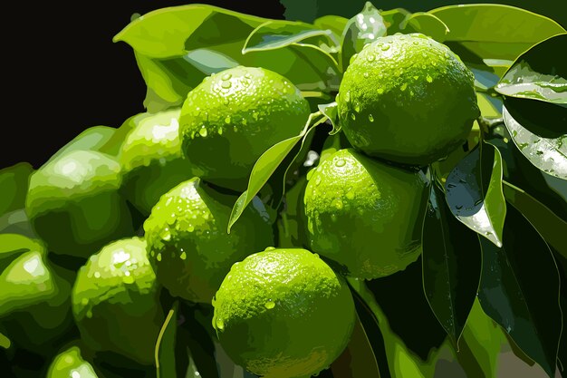 Vector close up verse groene citroen met waterdruppel op boom en groene vage achtergrond